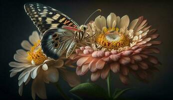 une vibrant papillon terres sur une Jaune fleur généré par ai photo