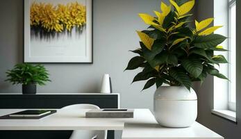 intérieur moderne plante conception sur en bois table généré par ai photo