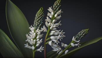 Frais vert feuilles contraste le foncé bois Contexte généré par ai photo