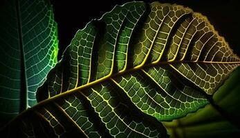 une vibrant biologique feuille veine illuminé par lumière généré par ai photo