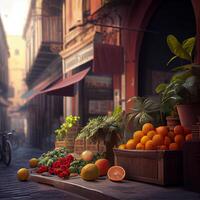 des fruits et des légumes boutique avec vélo dans le rue ,génératif ai photo