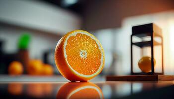 Orange agrumes fruit moitié dans table ,génératif ai photo