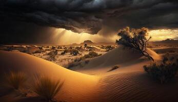 le sable dunes la tour comme le Soleil ensembles généré par ai photo