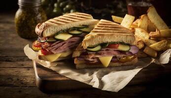 Frais grillé du boeuf sandwich sur rustique bois table ,génératif ai photo