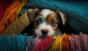 mignonne de race chiot séance, à la recherche à caméra ,génératif ai photo