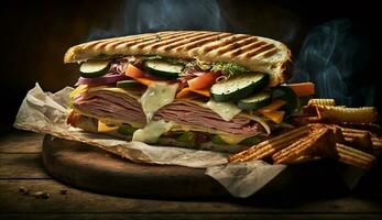 Frais grillé Viande et légume sandwich repas ,génératif ai photo