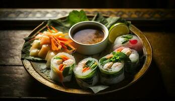 Frais Fruit de mer le déjeuner assiette avec sashimi et riz ,génératif ai photo