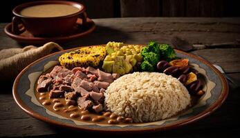 fraîchement cuit Viande et légume assiette sur bois ,génératif ai photo