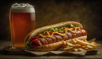 grillé chaud chien repas avec ketchup, frites ,génératif ai photo