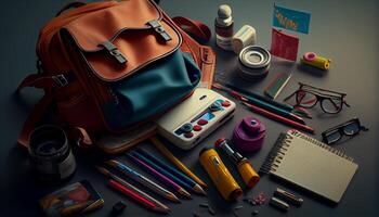 éducation et la créativité sur en bois table avec des crayons, équipement, et une sac à dos ,génératif ai photo