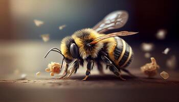 proche en haut industrieux abeille en volant dans chercher de ses pollen ,génératif ai photo