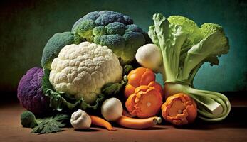 Frais biologique des légumes sur une en bois table ,génératif ai photo