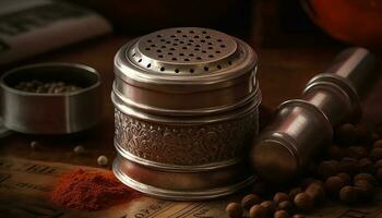 rustique café préparation bois, métal, et pimenter pour fraîcheur généré par ai photo