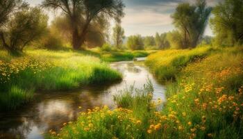 idyllique prairie, Naturel beauté, multi coloré fleurs sauvages, tranquille réflexion à crépuscule généré par ai photo
