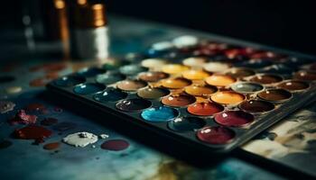désordonné peindre table avec vibrant couleurs et aquarelle des peintures généré par ai photo