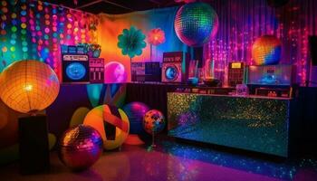 vibrant boîte de nuit avec moderne décoration, disco Balle et multi coloré éclairage généré par ai photo