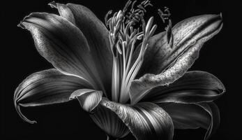 monochrome beauté proche en haut fleur tête sur noir généré par ai photo