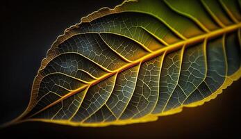 vibrant Jaune feuille veine sur foncé toile de fond généré par ai photo