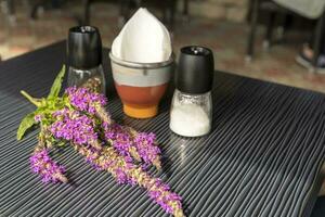 une sel et poivre Mixeur, une serviette de table titulaire et fleurs sauvages sur une table photo