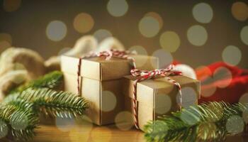 coffret cadeau de noël ou du nouvel an avec des branches d'arbres et des décorations de noël sur une table en bois, fond de bokeh de lumières de fête scintillantes. photo