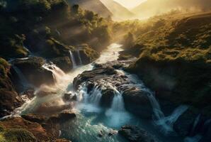 vue de le beauté de le cascade et lever du soleil dans le Matin de au-dessus de. génératif ai photo