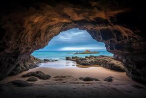 paysage vue de le beauté de le plage de à l'intérieur le grotte. génératif ai photo