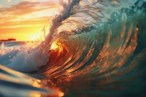 Contexte fermer de magnifique plage vagues l'eau avec le coucher du soleil. génératif ai photo