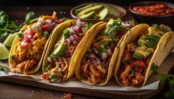 grillé du boeuf taco avec guacamole, tomate, et coriandre sur galette généré par ai photo