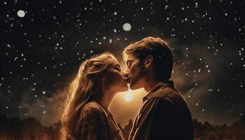 une Jeune couple embrasse dans le neige, célébrer leur l'amour généré par ai photo