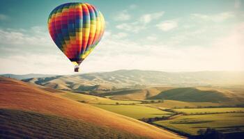 tranquille en volant haute dans multi coloré chaud air ballon aventure généré par ai photo