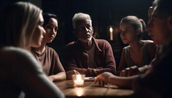 une groupe de adultes séance ensemble, souriant, profiter aux chandelles fête généré par ai photo