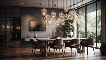 moderne luxe appartement avec élégant conception, confortable chaise et brillant éclairage généré par ai photo