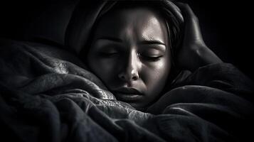 concept de insomnie. femme Est-ce que ne pas sommeil à nuit dans lit dans lumière de lune. ai généré. photo