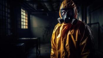 un homme dans protecteur vêtements de travail et masque combats la pollution à l'intérieur généré par ai photo