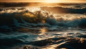 le coucher du soleil surfeurs balade s'écraser vagues sur idyllique tropical littoral généré par ai photo