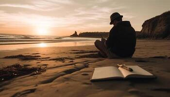 un homme séance sur sable, en train de lire livre à le coucher du soleil généré par ai photo