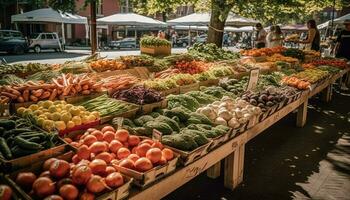 Frais biologique des fruits et des légumes pour vente à Extérieur marché généré par ai photo