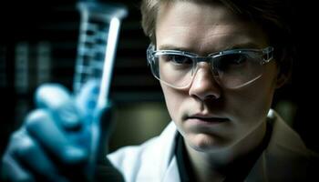 sérieux scientifique en cours d'analyse liquide dans laboratoire avec protecteur lunettes généré par ai photo