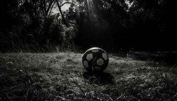 en jouant football sur vert herbe en dessous de le été Soleil généré par ai photo