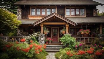 une rustique chalet avec une fleur pot sur le porche généré par ai photo