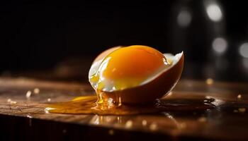 Frais biologique Oeuf Jaune d'œuf sur foncé bois tableau, parfait protéine ingrédient généré par ai photo