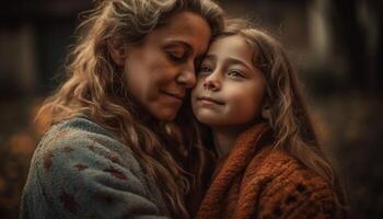 une mère et fille embrasser, souriant dans le l'automne la nature généré par ai photo