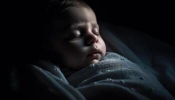 serein bébé garçon en train de dormir pacifiquement, enveloppé dans douceur et l'amour généré par ai photo