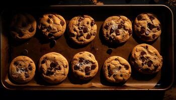 une empiler de fraîchement cuit Chocolat puce biscuits sur bois généré par ai photo