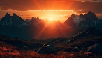 majestueux Montagne de pointe retour allumé par coucher de soleil, une tranquille scène généré par ai photo