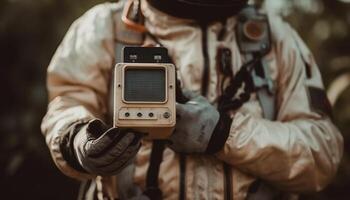 un homme, en plein air, photographier construction site avec caméra et trépied généré par ai photo