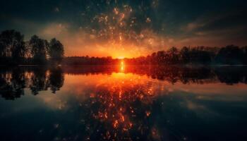 le vibrant le coucher du soleil réfléchi sur le tranquille des eaux bord généré par ai photo