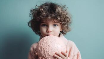 mignonne bambin en portant Chocolat Balle jouit intérieur fête avec cadeau généré par ai photo