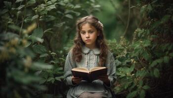 un Jeune femme, en portant livre, souriant, en train d'étudier la nature beauté généré par ai photo