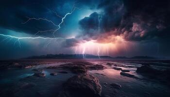 spectaculaire ciel, effrayant orage nuage, boulon de électricité, danger devant généré par ai photo